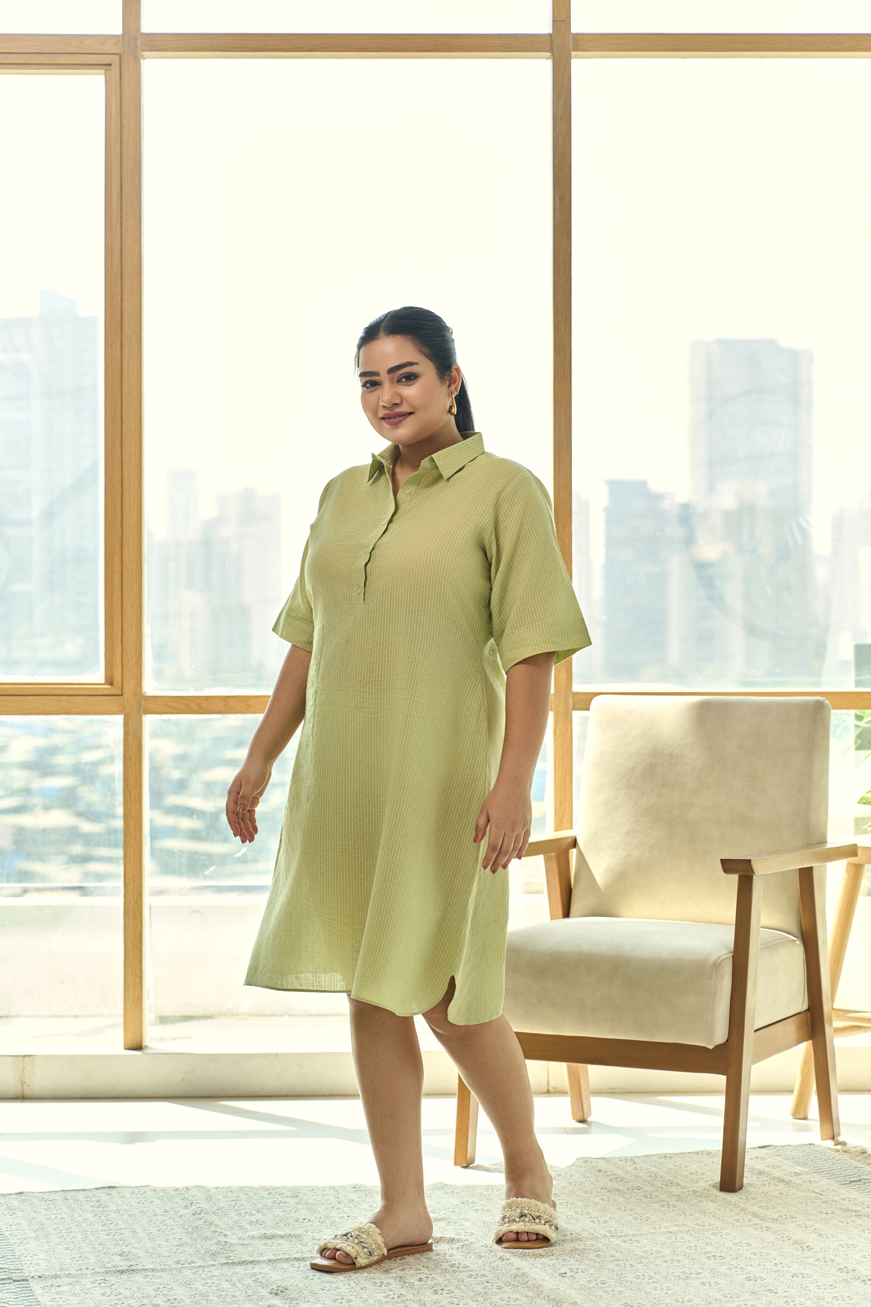 Green Kantha Cambric Cotton Dress with Functional Buttons