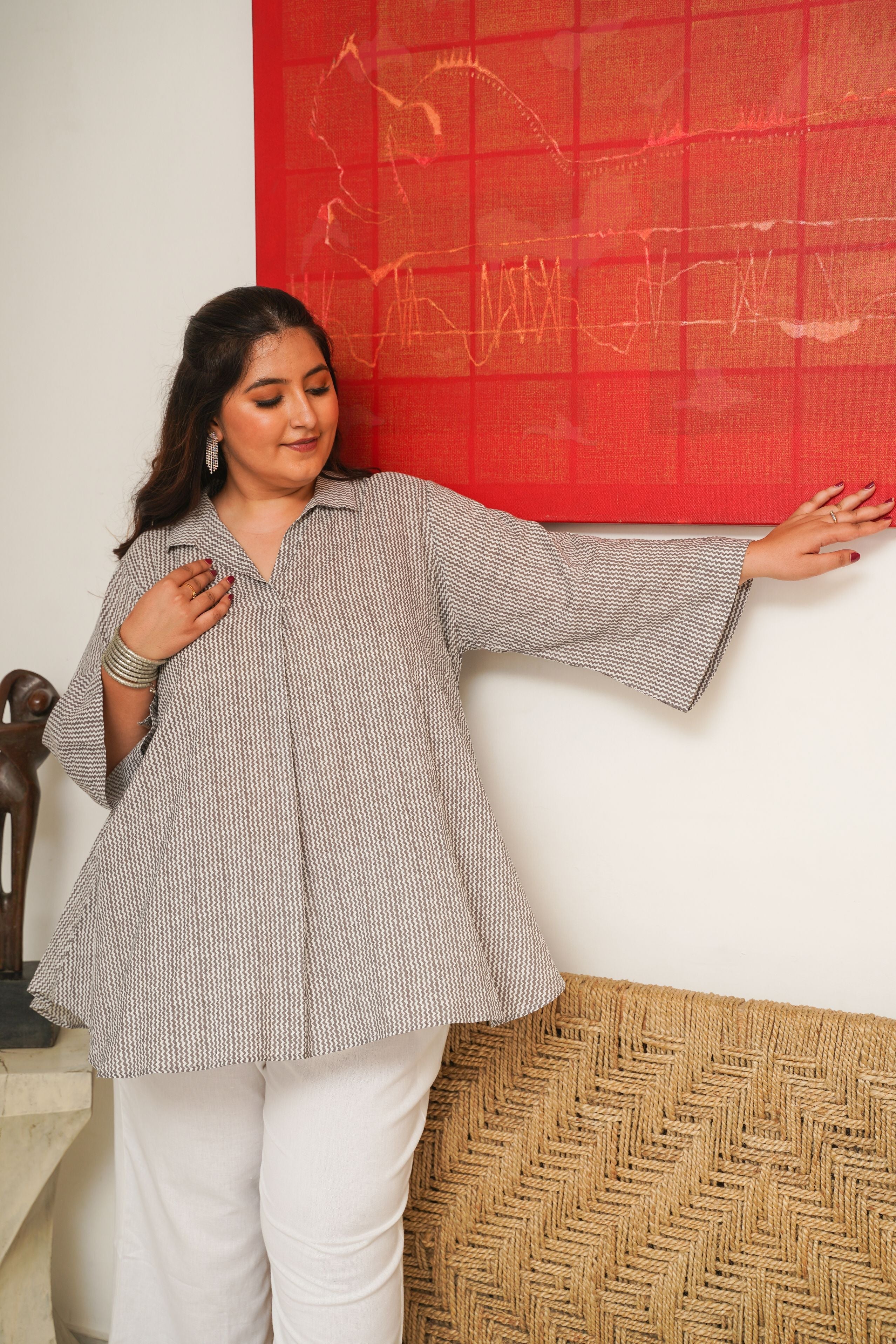 GREY CHEVRON  ANTI-FIT TOP AND MID-RISE RELAXED FIT PANTS (SET OF 2)