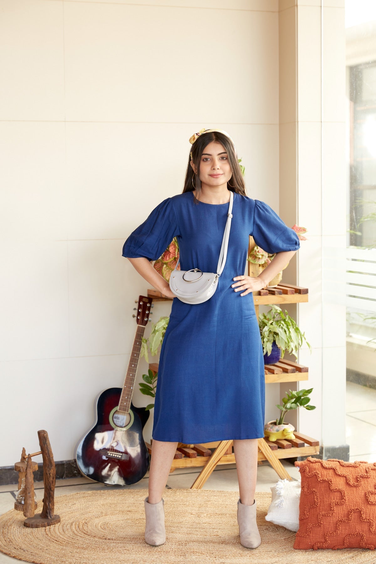 Blue Puff Sleeve Linen Midi Dress