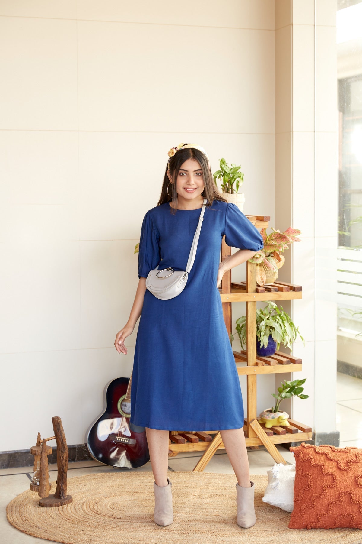 Blue Puff Sleeve Linen Midi Dress
