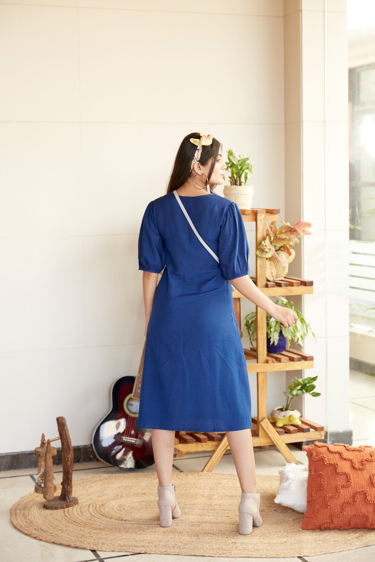 Blue Puff Sleeve Linen Midi Dress