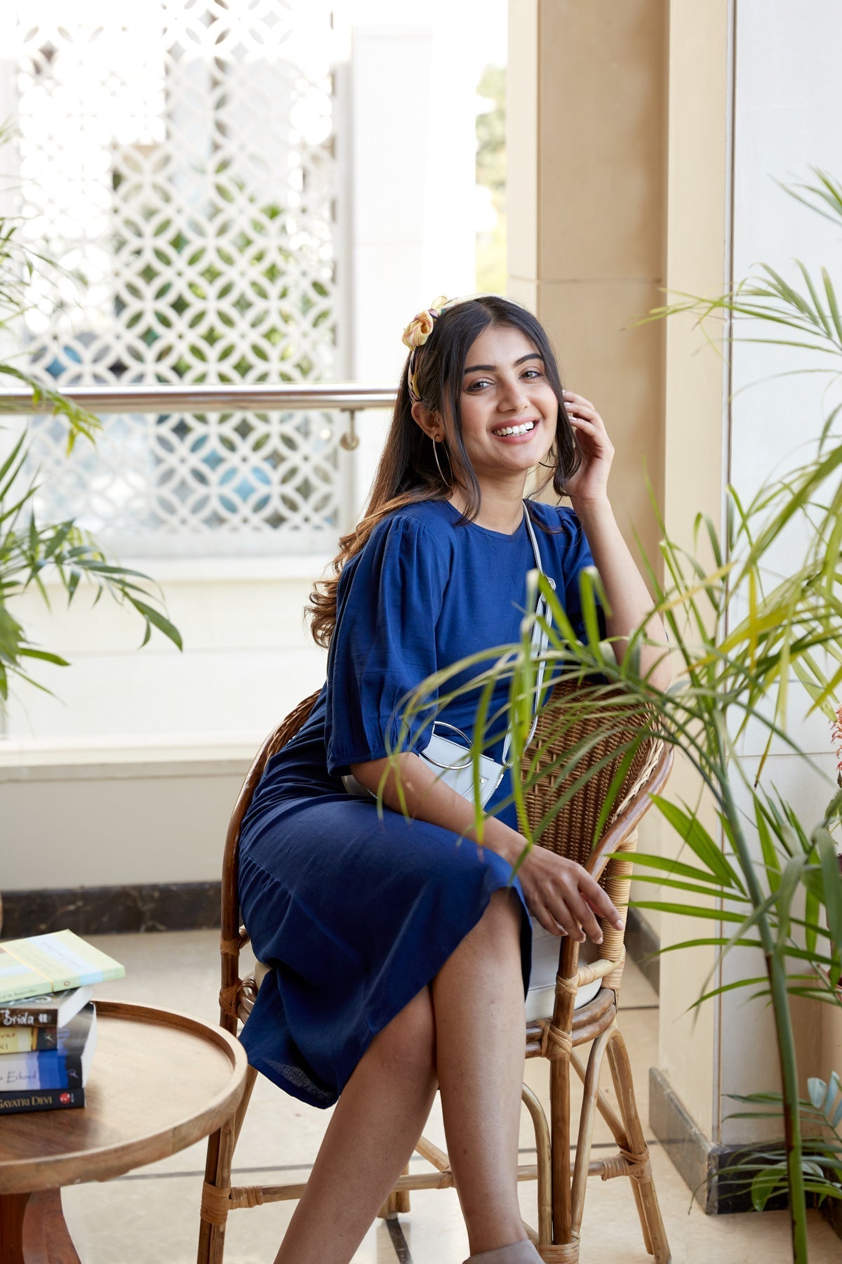 Blue Puff Sleeve Linen Midi Dress